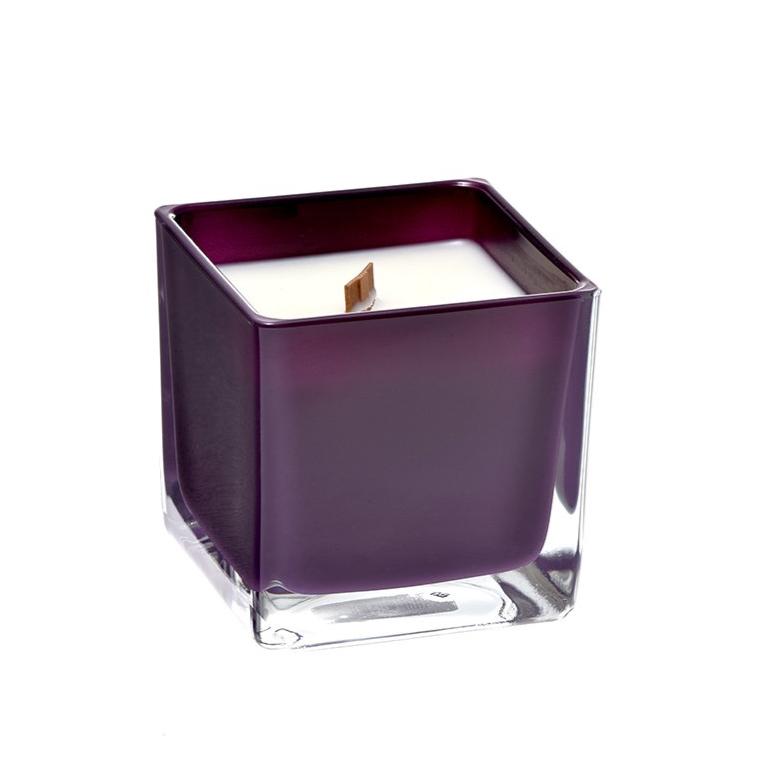 Geranium and lavender coconut wax candle in purple glass holder