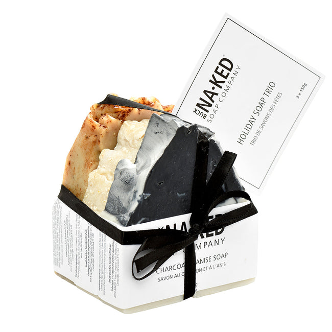 Box of Naked Soap Company soaps with a black ribbon on a white background