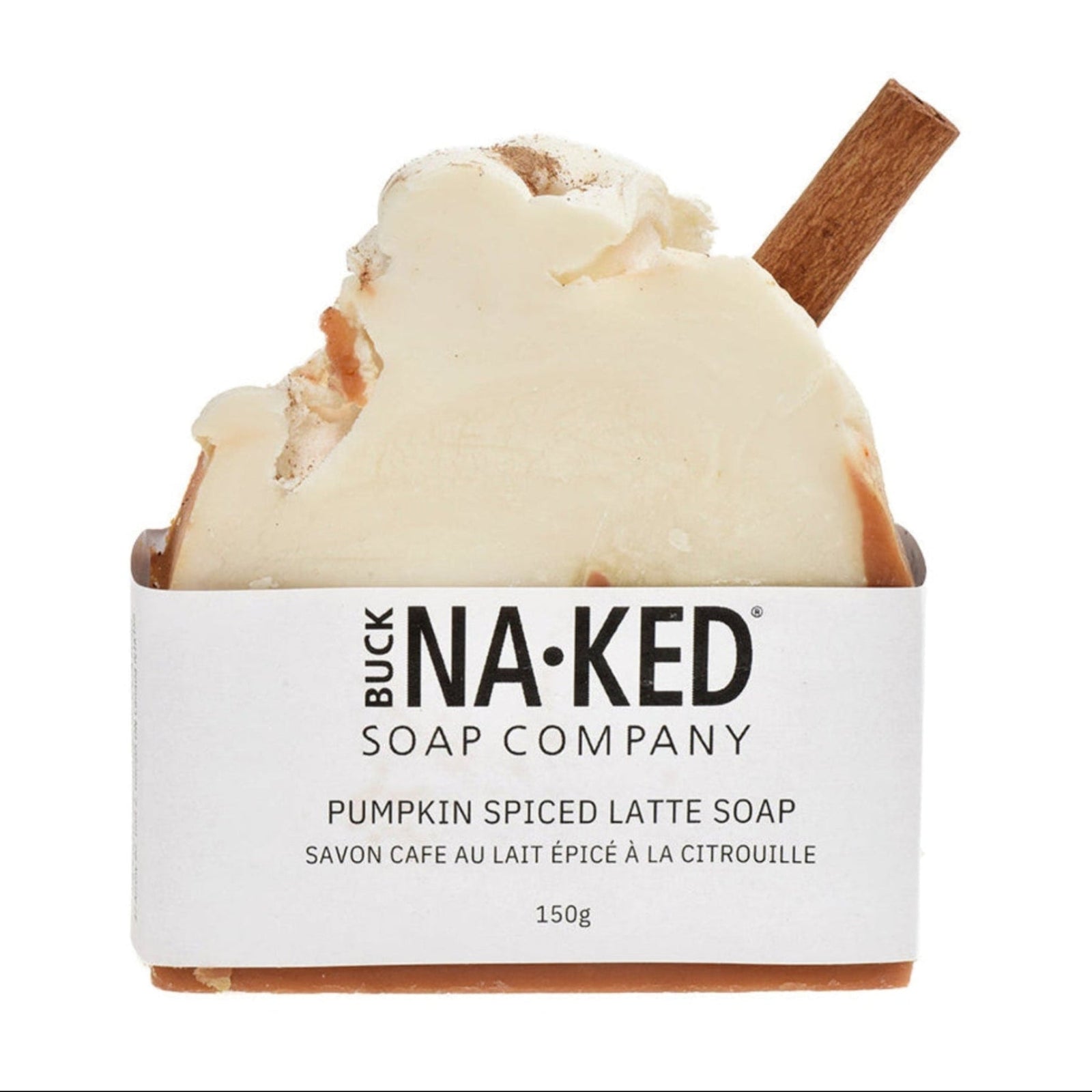 A bar of Buck Naked Soap Company Pumpkin Spiced Latte Soap, featuring a creamy off-white top with light brown pumpkin spice swirls and a cinnamon stick, set in a brown container with a white paper label.