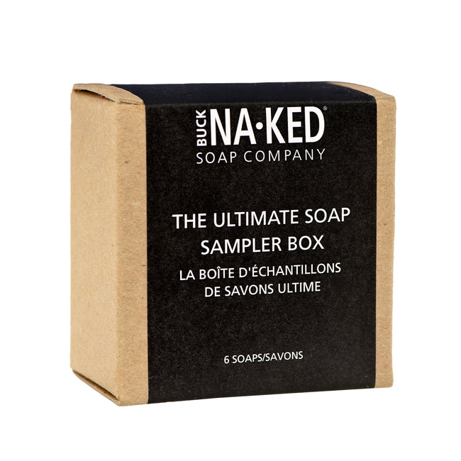 Black and brown soap sampler box from the Naked Soap Company on a white background