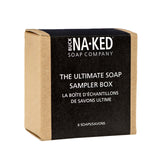 Black and brown soap sampler box from the Naked Soap Company on a white background